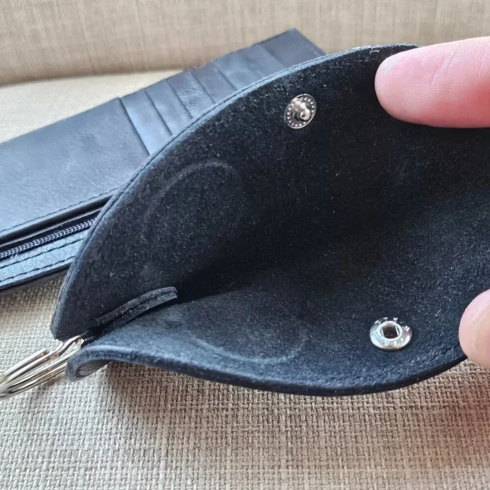 Long Wallet and Keychain Black Genuine Leather Card Holder Keys Holder Fob